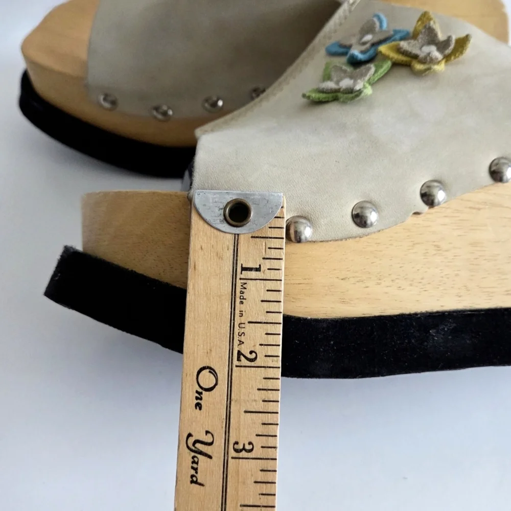 Thick Wood Platforms With Flower, Soft Floppy Leather Uppers & Silver Studs 7.5